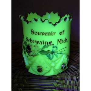 Sebewaing Michigan Custard Glass Souvenir Toothpick Holder Uranium Antique